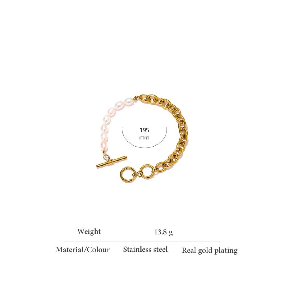 New 18K Gold Plated Natural Pearl Circle Bar Toggle Bracelet - Picture 3 of 6